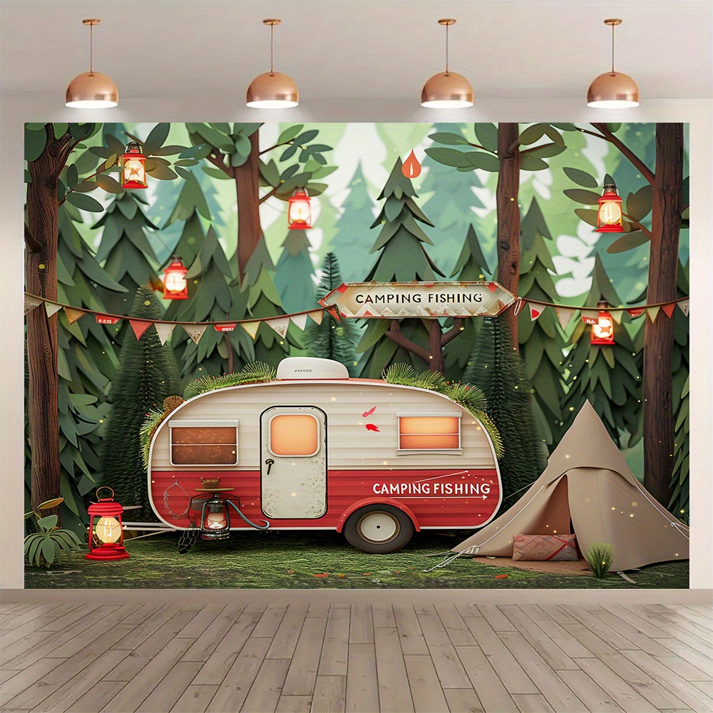 Outdoor Adventure Background - ポリエステルジャングルキャンプのテーマの背景,RVとテント,屋外の冒険シーン,パーティー,写真撮影に適しています