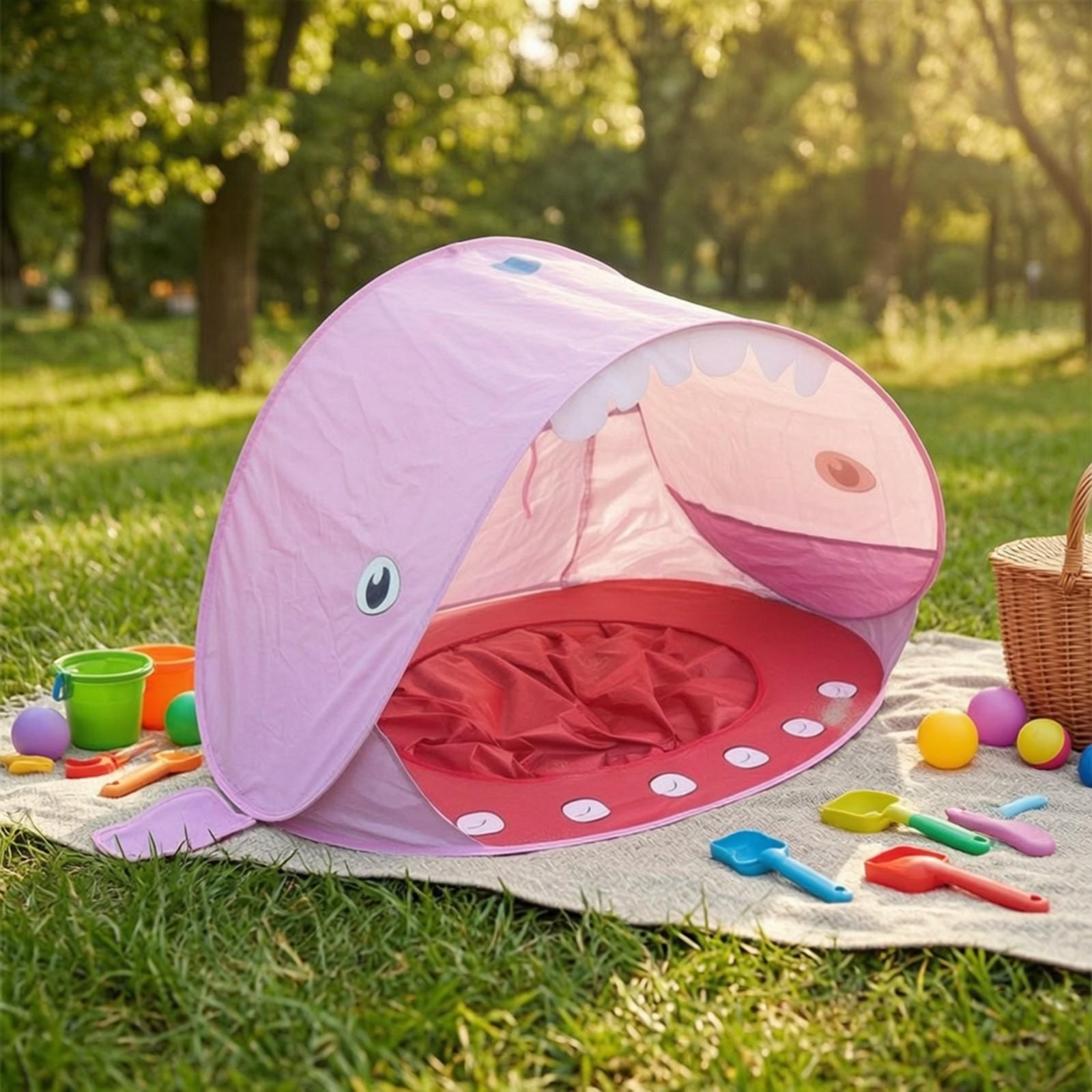 Outdoor Adventure With Kids - 子供用ビーチポップアップテント、背側フィン付きトップと歯型プリント、子供用サンシェルター、砂場、アウトドア、湖、冒険に最適
