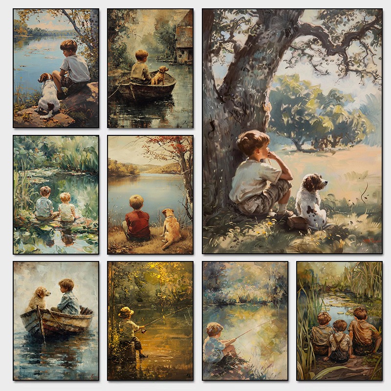 Outdoor Adventure With Kids - ヴィンテージボーイズルームアートポスター少年と犬アウトドアアドベンチャー絵画アンティーク農家キャンバスプリント装飾子供の寝室の保育園