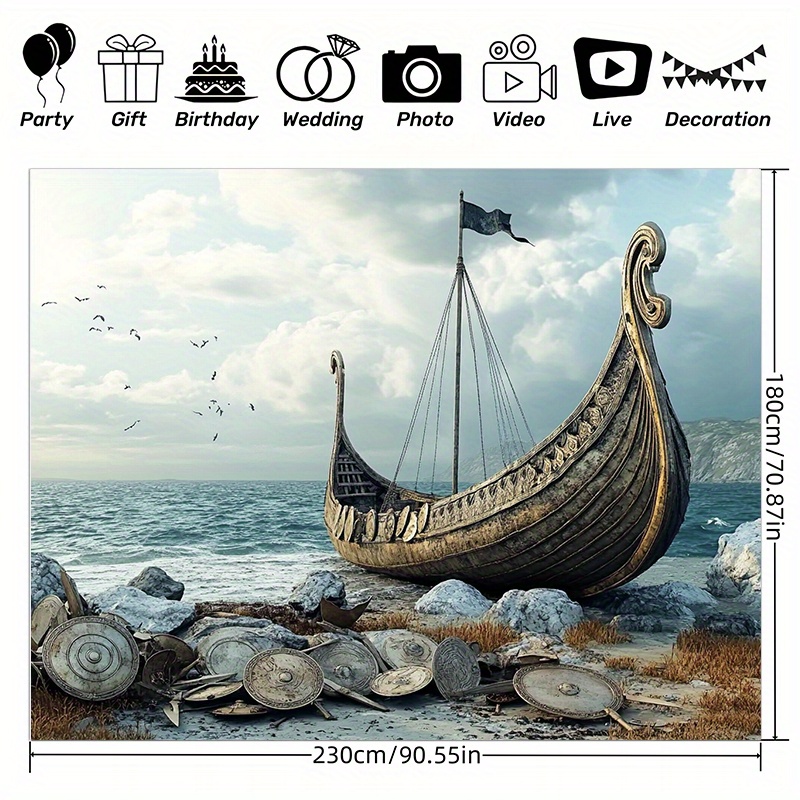 大型のバイキング冒険写真背景とパーティーバナー - 北欧の船 - Outdoor Adventure Background のレビューと価格